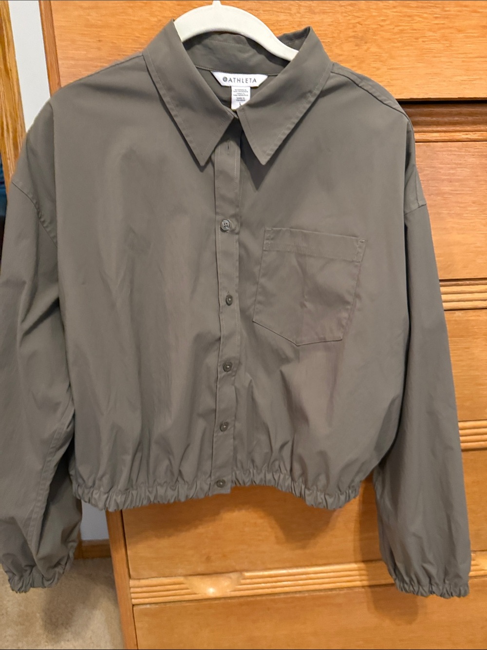 Athleta Olive Cropped Button-Front Bomber Jacket